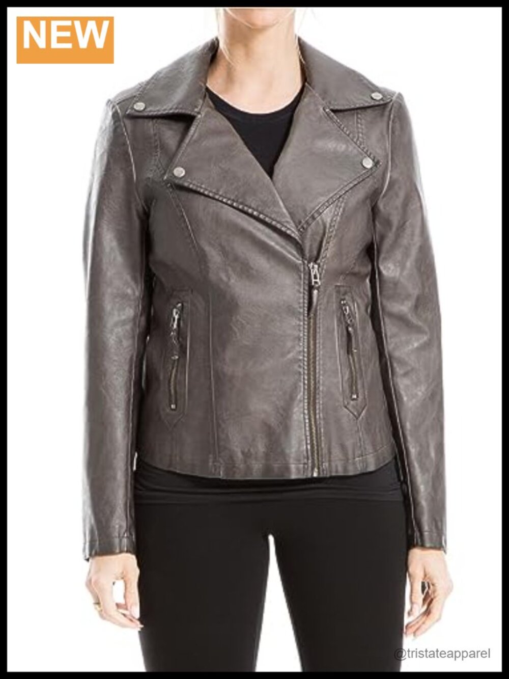 Max Studio Women's Faux Leather Jacket Zipper Long Sleeve Motorcycle Moto